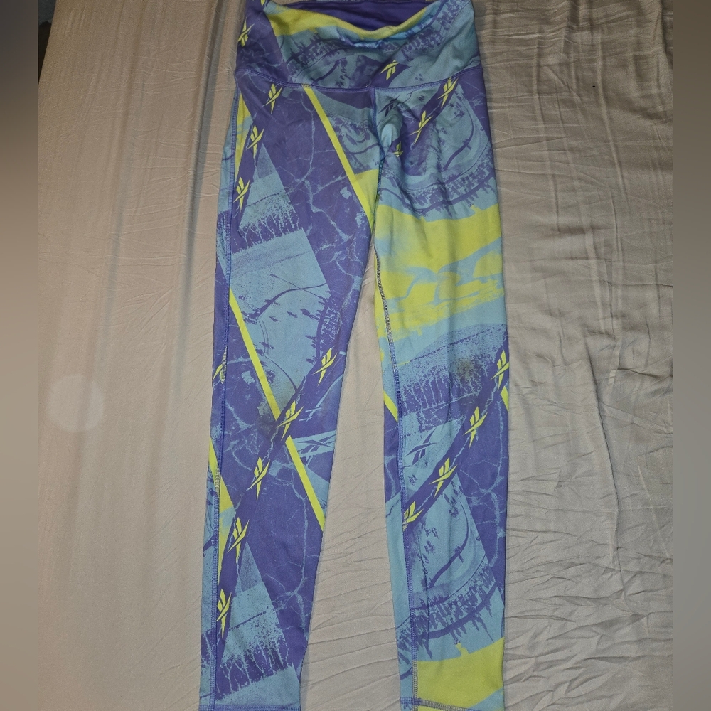 Reebok Woman's Blue and Yellow Patterned Leggings